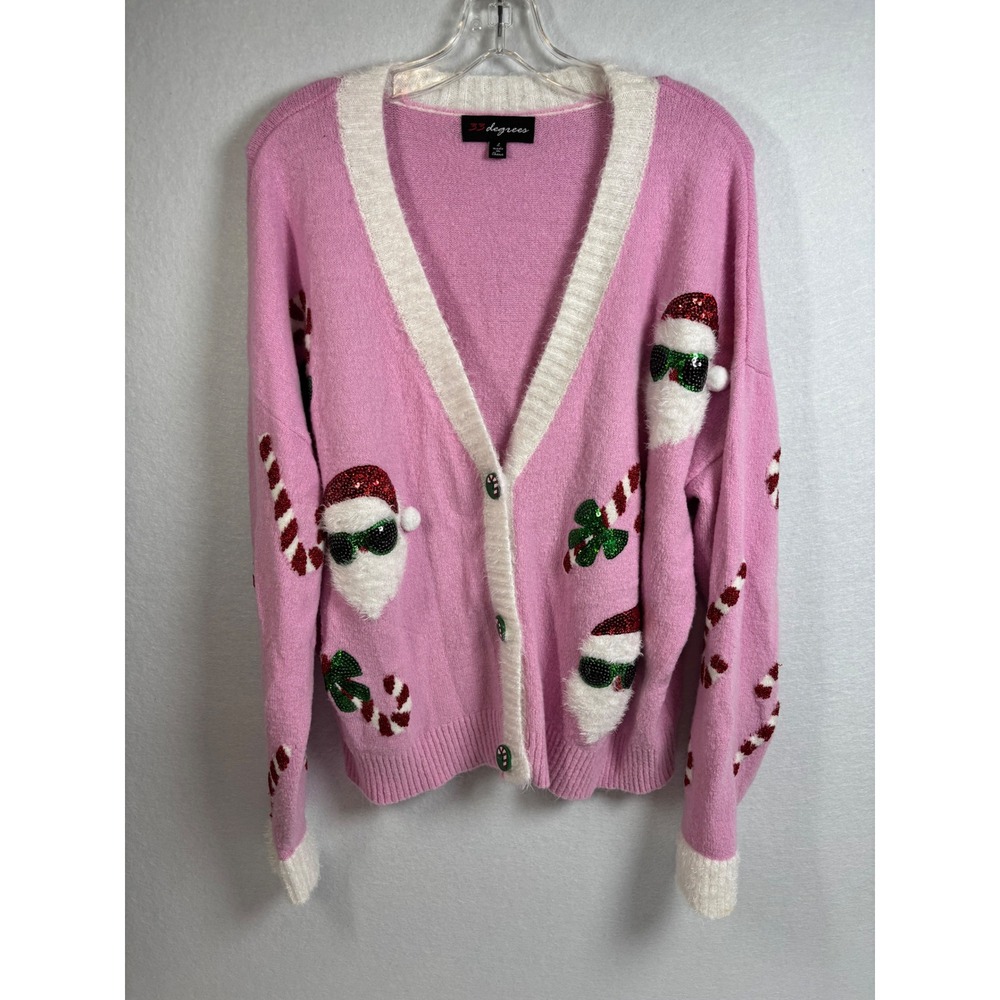 33 Degrees Christmas Cardigan Women L Pink Acrylic Santa Sequin Holiday Preppy